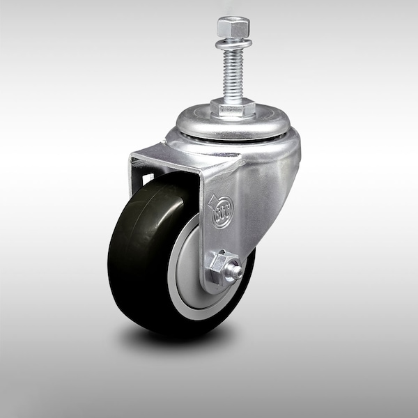 3 Inch SS Black Polyurethane Wheel Swivel 10mm Threaded Stem Caster SCC